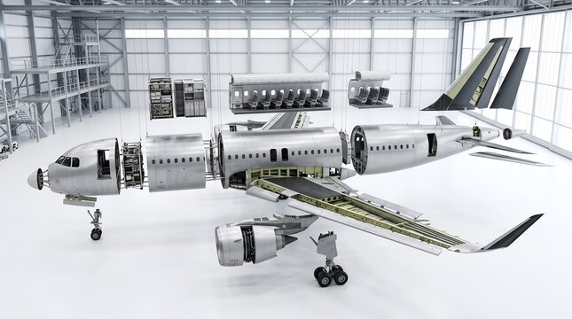 Exploded View of a Passenger Airplane in a Hangar Showing Fuselage Sections, Seating, and Engine Components