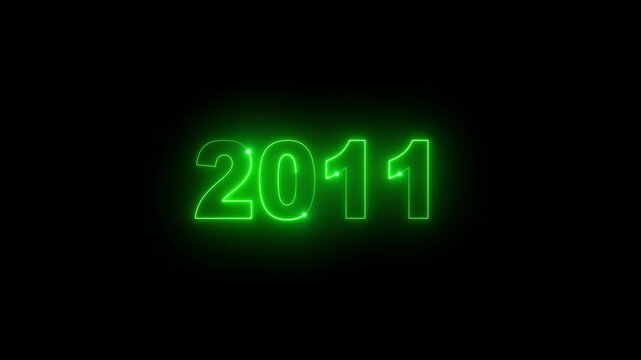 Glowing green neon 2011 year text counter loop on black background