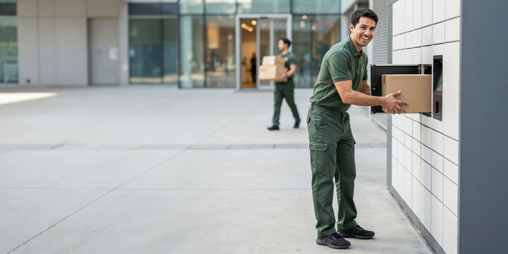 A delivery person placing a package into a parcel locker outside a modern building, with another courier in the background