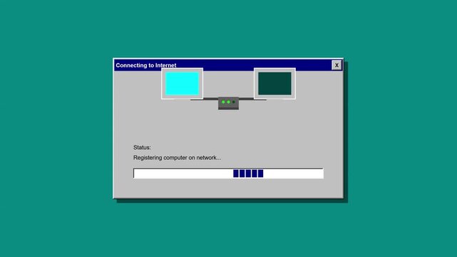 Retro computer windows simulating internet connection and web browsing