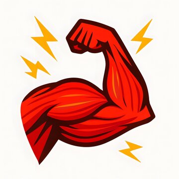 Strong muscular arm flexing bicep with lightning effects symbolizing power strength and energy in a bold cartoon style