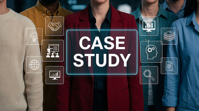 Professional Business Team Presenting Case Study Concept with Digital Icons