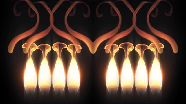 Rows of candle flames with orange smoke ornaments on black background, immersive room seamless VJ loop