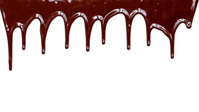 Smooth Melted Dark Chocolate Liquid Drips Flowing Down Isolated On A Pure White Background For Food Design