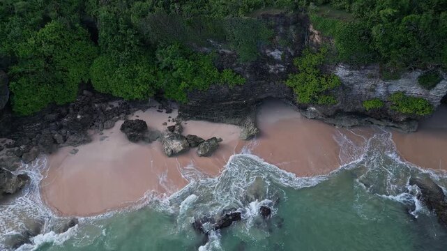 Seaside with trees. Vast coastal landscape dotted with waves and abundant greenery. Extensive shoreline scenes featuring ocean waves and flourishing trees along coast,Bali,Indonesia