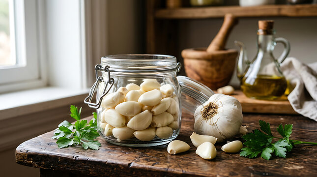 Peeled garlic cloves inside a glass jar on a rustic wooden table for