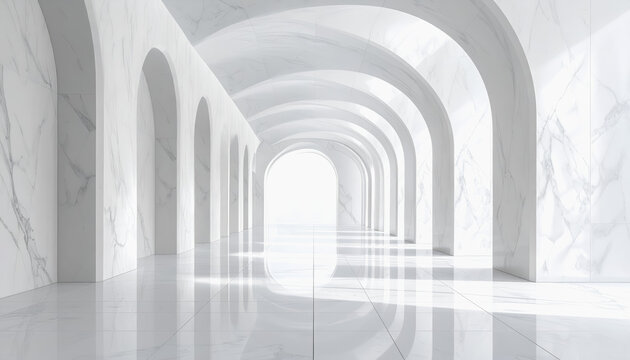Bright minimalist marble arched corridor with light reflections