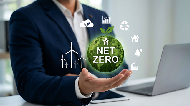 Businessman holding a glowing green net zero globe with sustainability icons