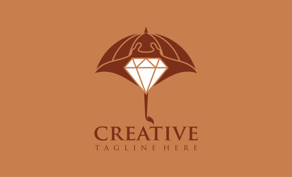 A professional logo template in brown tones featuring a stylized umbrella protecting a sparkling diamond, with placeholder text for brand name and tagline.