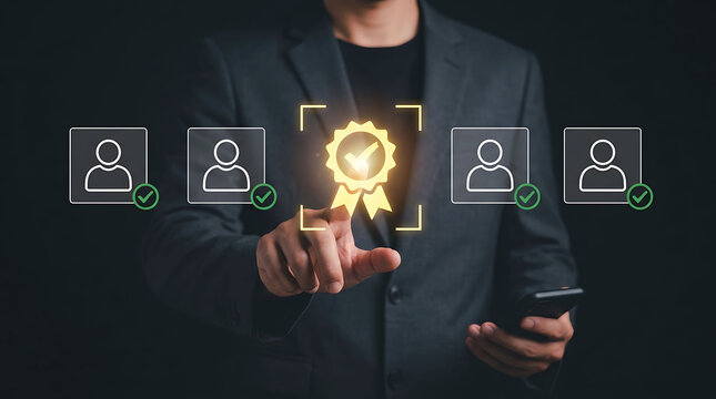 Businessman selecting top candidate resume profile verified with quality badge