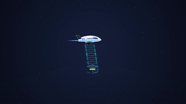 Premium 4K isometric cyberpunk 2.5D animation of an e-commerce delivery rocket launching a magnetic package with an extended 2-second holographic 50 percent off discount reading hold. 