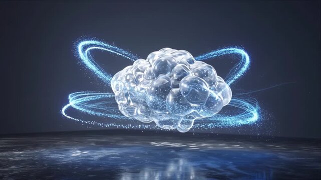 Futuristic tech cloud net mind concept with glowing data swirl around transparent sphere floating over reflective dark surface abstract digital space with digital data connection neural wave energy