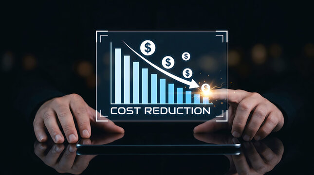 Businessman using a tablet with a digital chart showing cost reduction concept