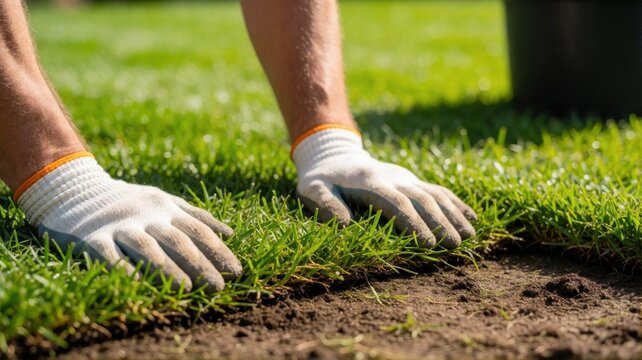 A close-up view of hands wearing work gloves laying sod on top of soil to install a new green lawn.