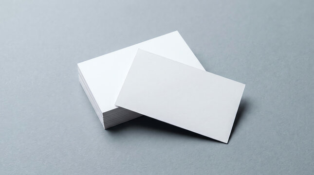 Stack of thick blank business cards on a grey background, top view. The top card is shifted to front 