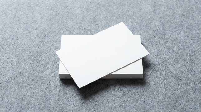 Stack of thick blank business cards on a grey background, top view. The top card is shifted to front 