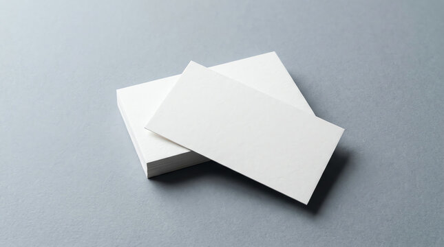 Stack of thick blank business cards on a grey background, top view. The top card is shifted to front 