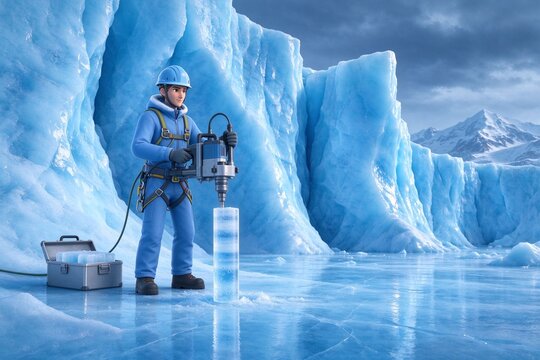 Glaciologist drilling ice core on blue glacier with ice cave