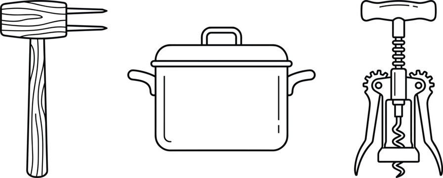 Kitchen tools line icon set featuring wooden tenderizer mallet cooking pot and corkscrew wine opener symbols.eps