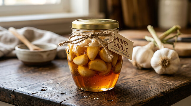Glass jar of honey garlic cloves with a rustic paper label on a