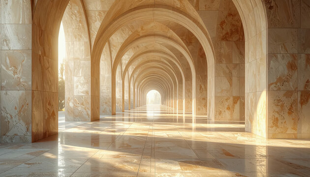 Sunlit marble colonnade with repeating arches creating a sense of depth and perspective