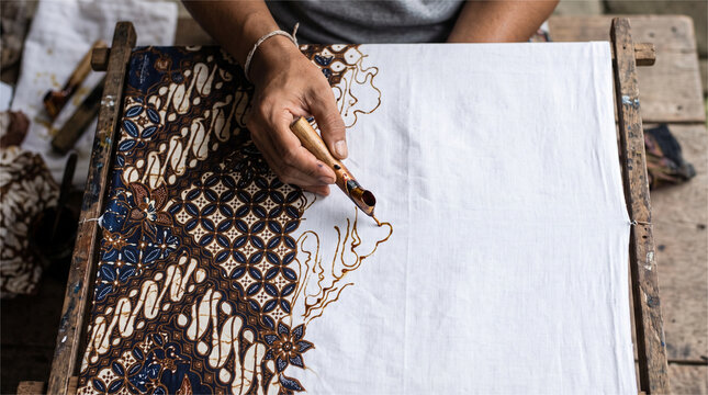 Top view of artisan hand drawing wax lines with a canting on white cotton cloth, traditional Javanese batik tulis in progress on wooden frame