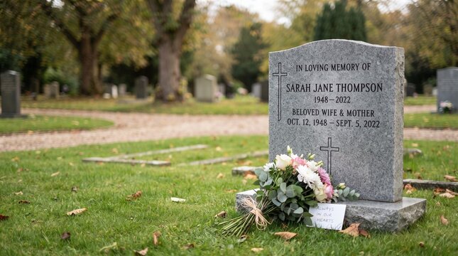 Granite memorial headstone in peaceful graveyard with flower bouquet tribute on fresh green grass during autumn season under soft daylight