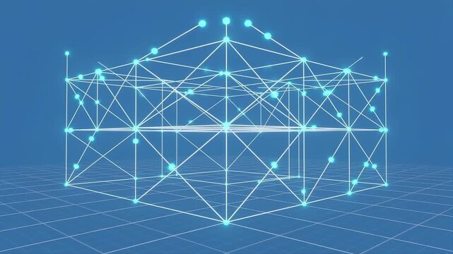Seamless looping 3D animation of glowing digital nodes autonomously weaving abstract building wireframes in blueprint blue and cyan representing generative design and structural architecture