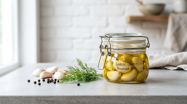 Glass jar filled with garlic confit in olive oil with fresh dill and