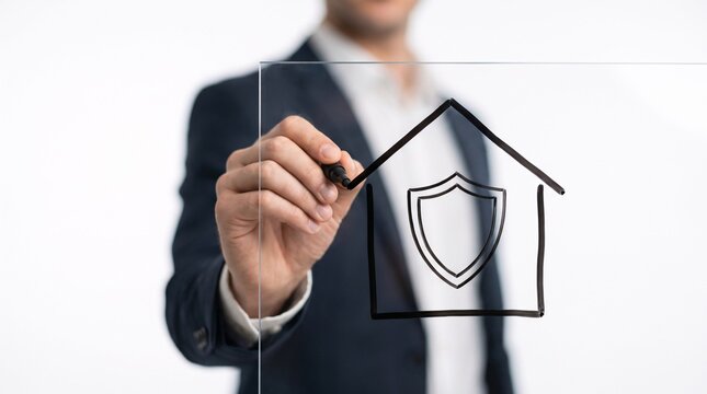 Businessman drawing home insurance concept on glass board