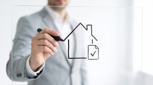 Businessman drawing a house icon on glass with approval checkmark