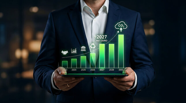 Businessman holding tablet with digital green chart and net zero target 2027