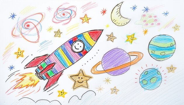 Kid made crayon drawing of a colorful rocket flying toward outer space, smiling stars, planets, moon and imaginary galaxies.