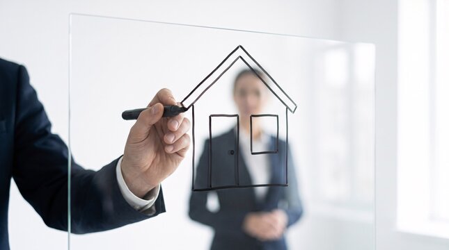 Business Professional Drawing a House Outline on Glass Board