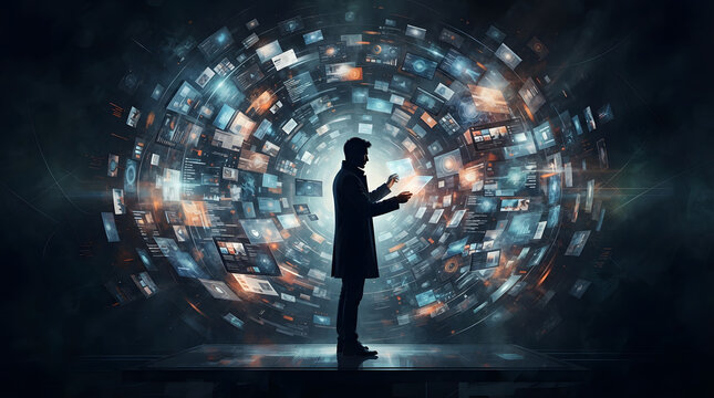 A silhouette of a man interacting with a swirling vortex of digital data screens.