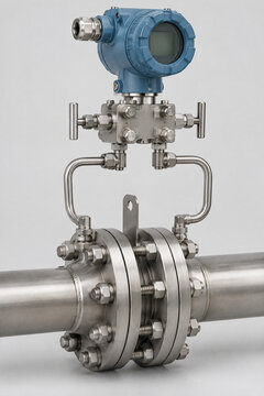 Orifice plate flow meter assembly with differential pressure transmitter isolated on grey background