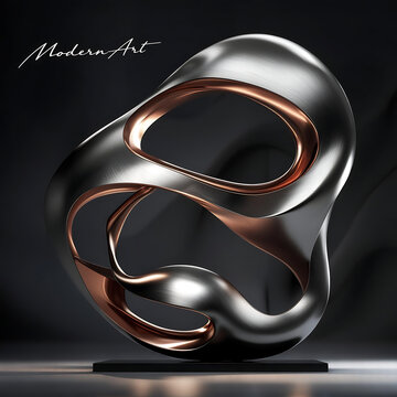 Modern Art biomorphic sculpture, sleek metallic chrome and rose gold fluid form, contemporary abstract art piece for luxury decor