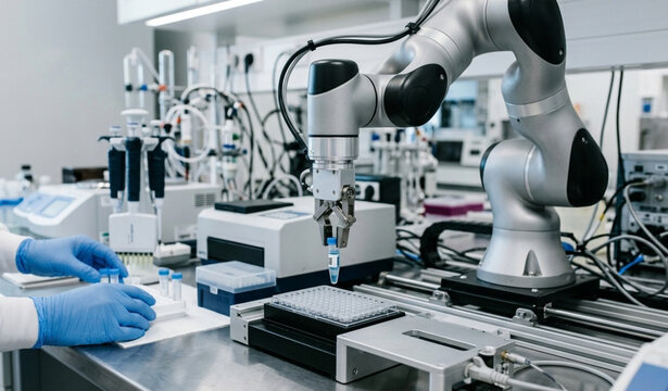 Robotic arm handling laboratory test tube in automated biotechnology research facility, professional scientific photography with close up focus on precision liquid handling and high tech medical autom