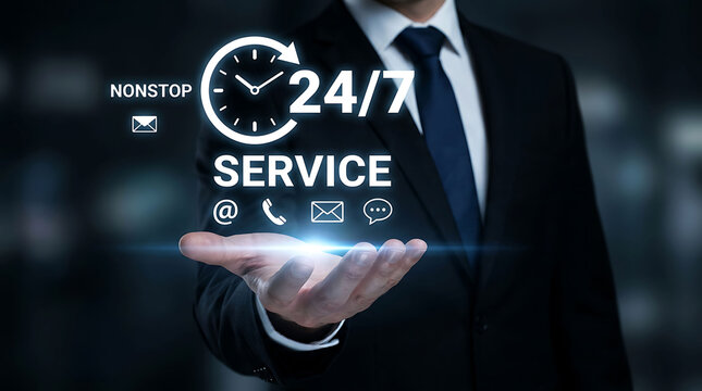 Businessman holding 24/7 customer service and support digital interface