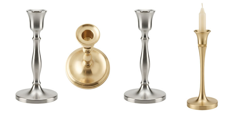 Elegant metallic candle holders in silver and gold finishes showcasing various angles and candle insertion displayed together on transparent background
