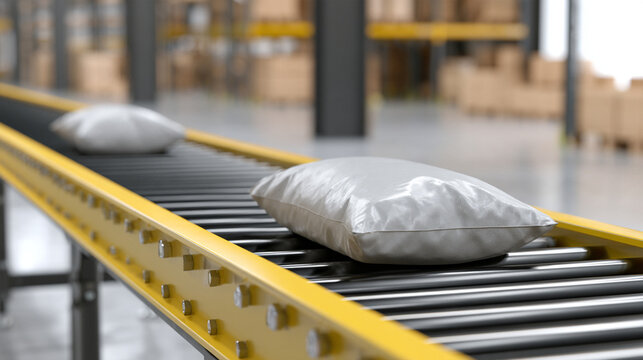 White Sealed Packages Moving On Yellow Roller Conveyor Inside Warehouse
