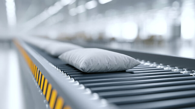 Conveyor Belt Transporting White Pillows In Automated Industrial Manufacturing Facility
