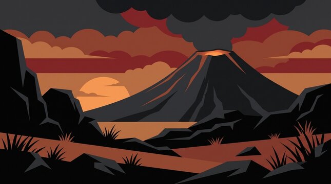 Volcano eruption illustration with smoke and glowing lava, dramatic mountain landscape at sunset, flat vector nature background for geology themes