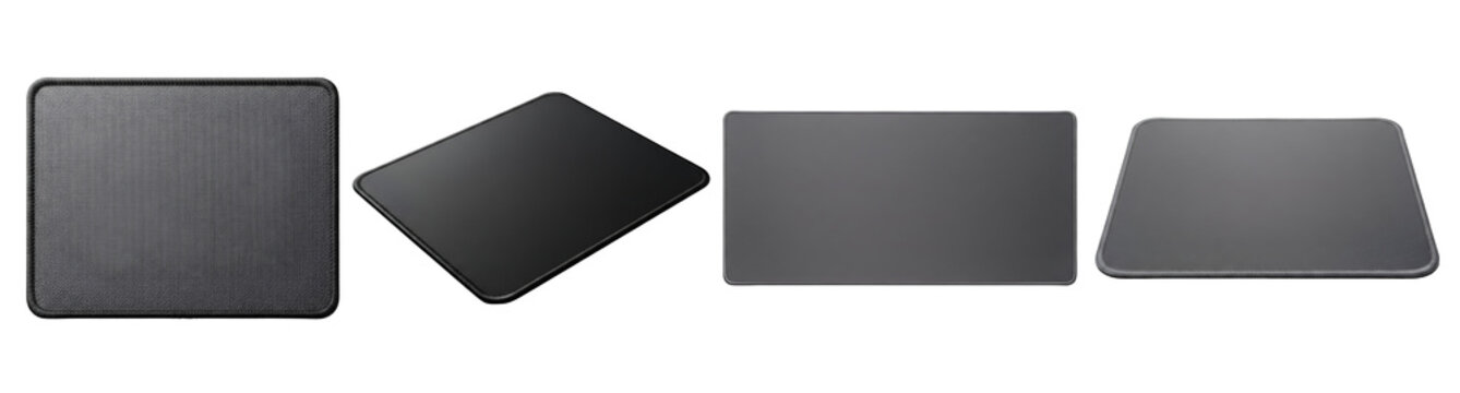 Black mouse pads set showing different angles and perspectives of blank textured office desk accessories isolated on transparent background