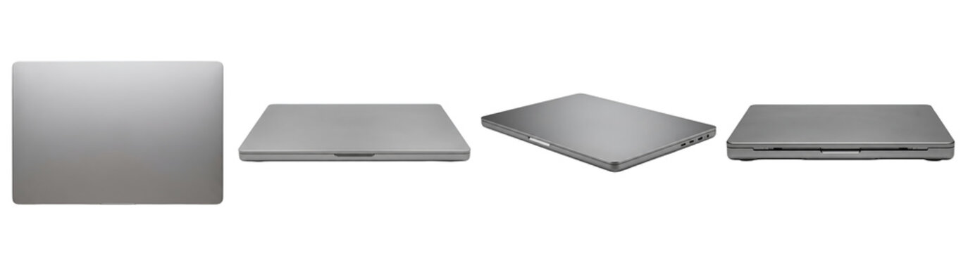 Multiple angles of closed modern silver laptop computer showing sleek metallic design details displayed in various professional perspectives isolated on transparent background