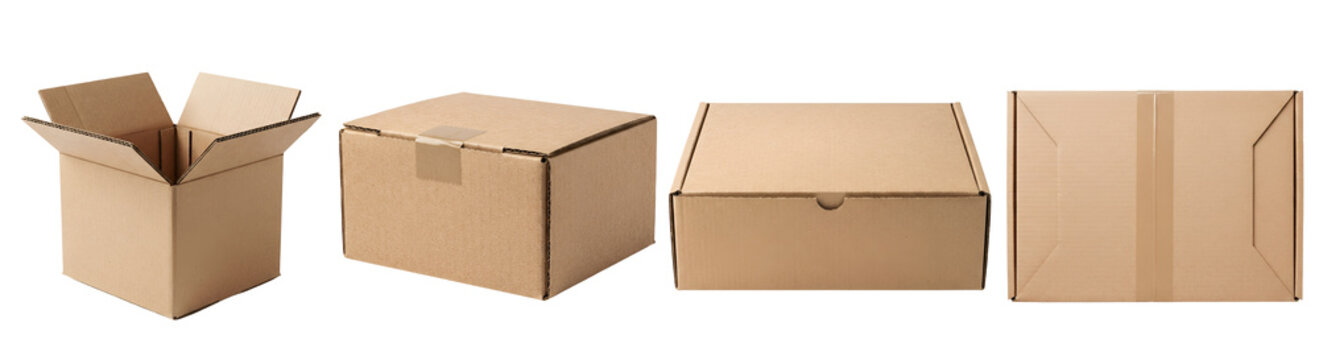 Cardboard boxes collection showcasing open package closed container flat delivery parcel and shipping carton mockups isolated on transparent background