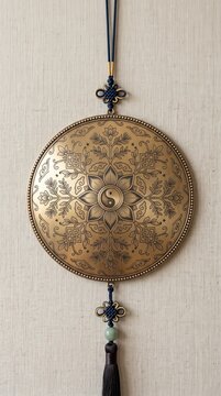 Traditional Korean circular brass ornament with intricate floral carvings, Yin Yang symbol, blue silk knots, and a black tassel hanging against a neutral linen fabric wall background.