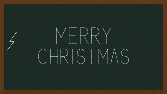 Merry Christmas handwritten in white chalk on a green chalkboard with a wooden frame, followed by tree, gift and snowflake doodles