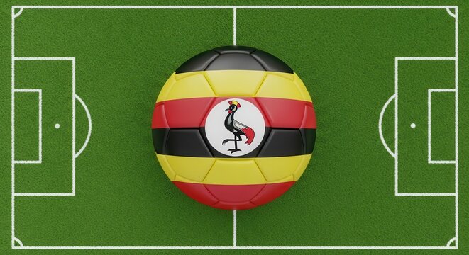 Soccer ball with Uganda flag design on a green grass field background illustration