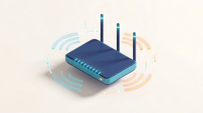 A modern wi fi router illustration features wireless signal waves on a light background
